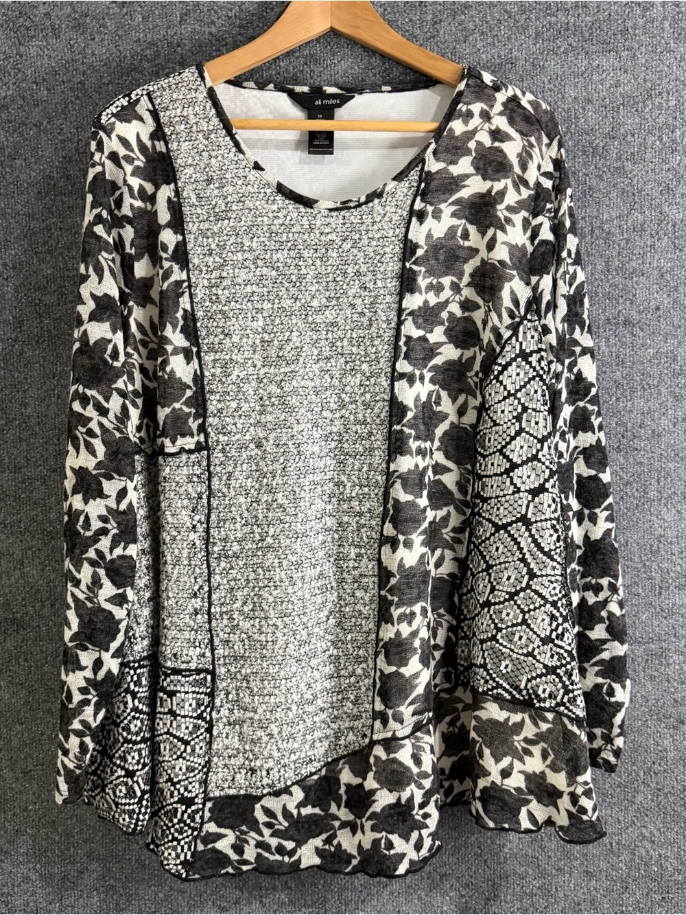 Ali Miles Womens 2X Wool Blend Mixed Media Patchwork Knit Tunic Top Black White